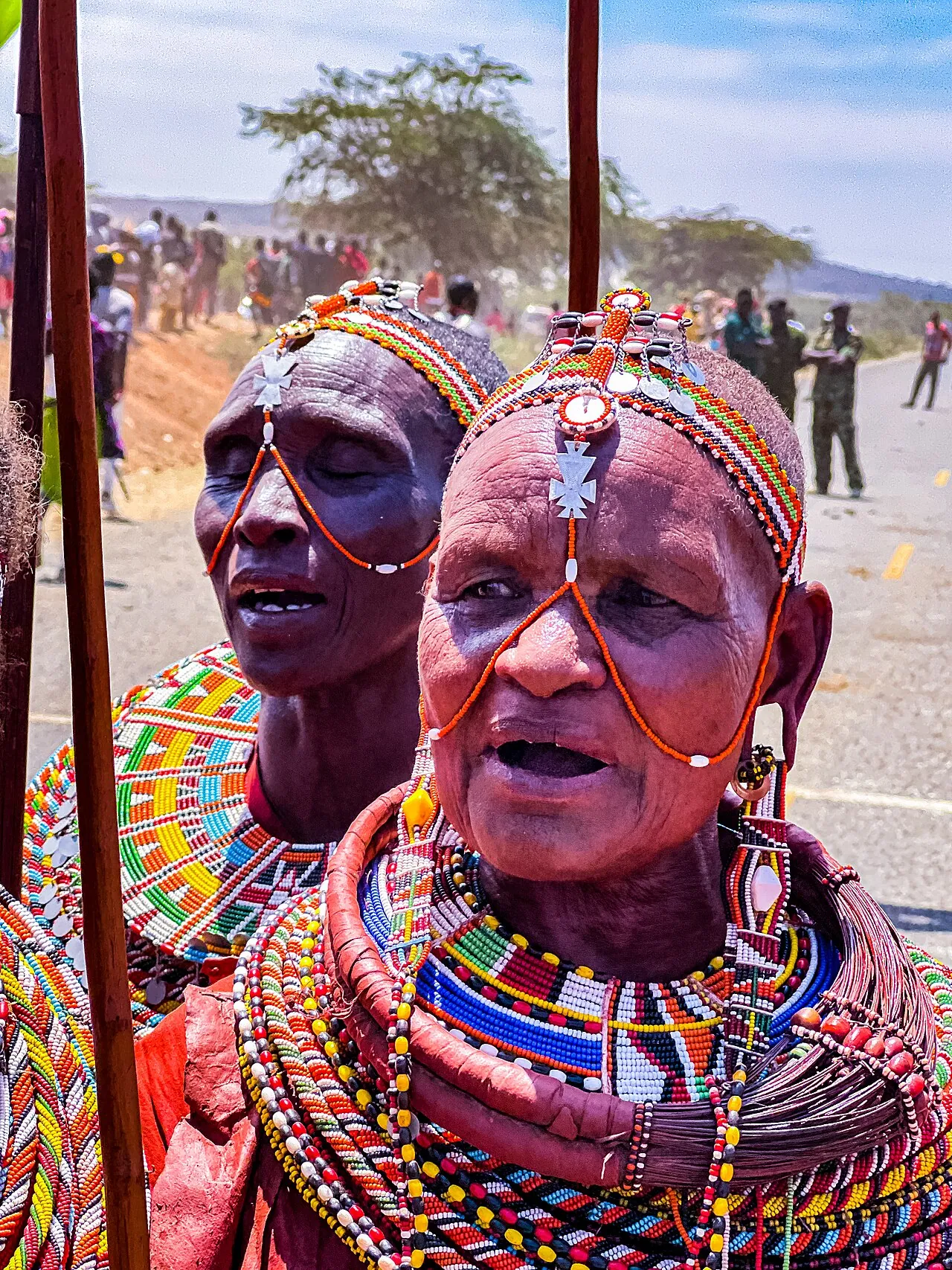 Samburu women at the Maralal cultural festival in Kenya, wearing layered bead collars and beaded headdresses.